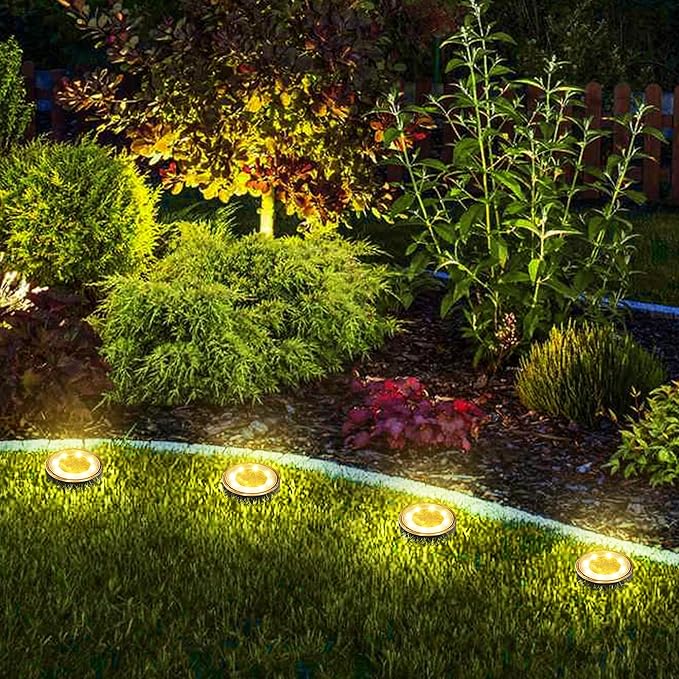 Joomer Solar Ground Lights, 4 Pack 8 LED Solar Lights Outdoor Waterproof IP68 Disc Light Landscape Lighting Garden Light for Patio Pathway Lawn Yard Driveway Walkway(Warm White)