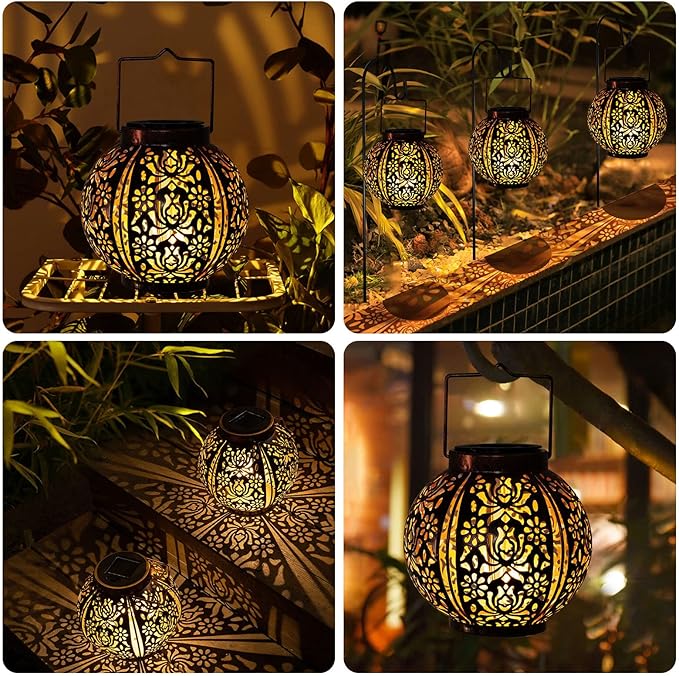 Moroccan Solar Hanging Lanterns 2-Pack, Metal Backyard Decor