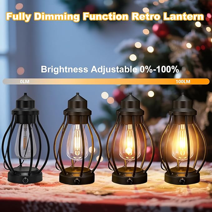 pearlstar Rechargeable Battery Operated Lantern 2 Pack Black Vintage Portable LED Decorative Camping Lamps Outdoor & Indoor, Dimming Warm Light with Timer, for Table Patio Garden Yard Pathway Porch