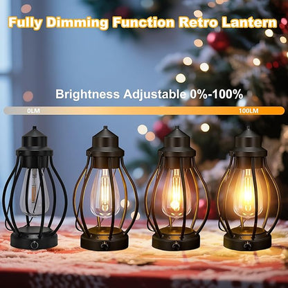 pearlstar Rechargeable Battery Operated Lantern 2 Pack Black Vintage Portable LED Decorative Camping Lamps Outdoor & Indoor, Dimming Warm Light with Timer, for Table Patio Garden Yard Pathway Porch