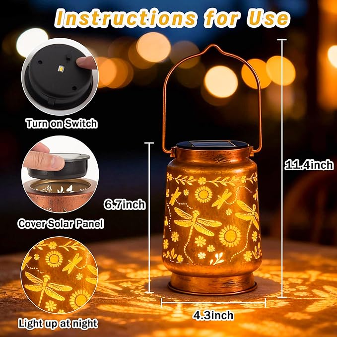 Dragonfly Solar Lantern Lights, Outdoor Lanterns for Garden Decor, Hanging Lantern for Backyard Porch Patio Table Yard Balcony Lawn Pathway, Gifts for Women Grandma Mom, 1PCS