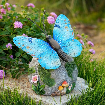 Solar Butterfly Garden Statue Weatherproof Outdoor Hand-Painted Decor Butterfly Resin Figurine Blue