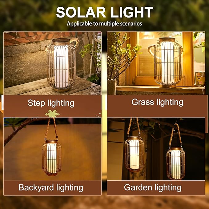 Large Outdoor Solar Lanterns Hanging Light Waterproof LED Garden Lights Solar Powered Retro Metal Auto On Off Table Lamp for Garden Patio Porch Pathway Walkway Tabletop Decorative(Bronze)