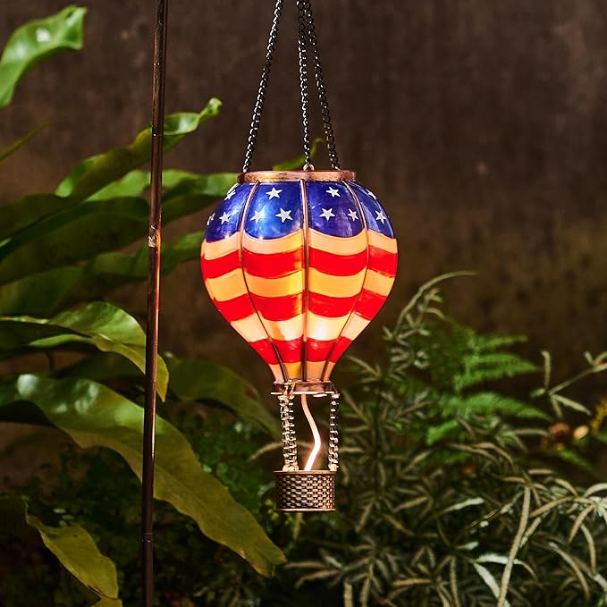 TERESA'S COLLECTIONS Hot Air Balloon Solar Lantern for Patriotic Garden Decor, 4th of July Hanging Flickering Flame Outdoor Lights for Trees, Blue&Red Memorial Day Decorations for Party Gift for Mom