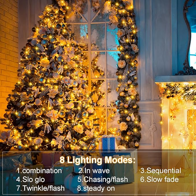 4 Pack Battery Christmas Light String 16.5Ft 50 LED Clear Wire Sting Lights Christmas Tree Wrapped Lights Timer 8 Modes Auto On/Off Christmas Fairy Lights for Indoor Outdoor Patio Wreath Garden Deck