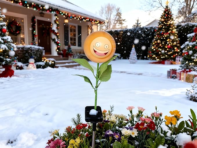 Single Pack Bobble Face Wind Spinners Sunflower Pinwheels Solar Fairy Light Outdoor - Garden Decor Gift, Waterproof Auto-On/Off Pathway, Lawn, Yard Stake Light Windmill for Decorations
