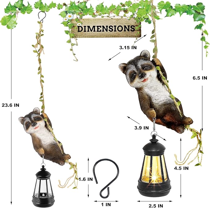 Solar Hanging Raccoon Statue, Outdoor Resin Animal Figurine with LED Lights for Garden, Fence, Porch, Patio, Yard Decor, Dusk to Dawn Auto On/Off