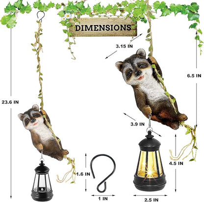 Solar Hanging Raccoon Statue, Outdoor Resin Animal Figurine with LED Lights for Garden, Fence, Porch, Patio, Yard Decor, Dusk to Dawn Auto On/Off