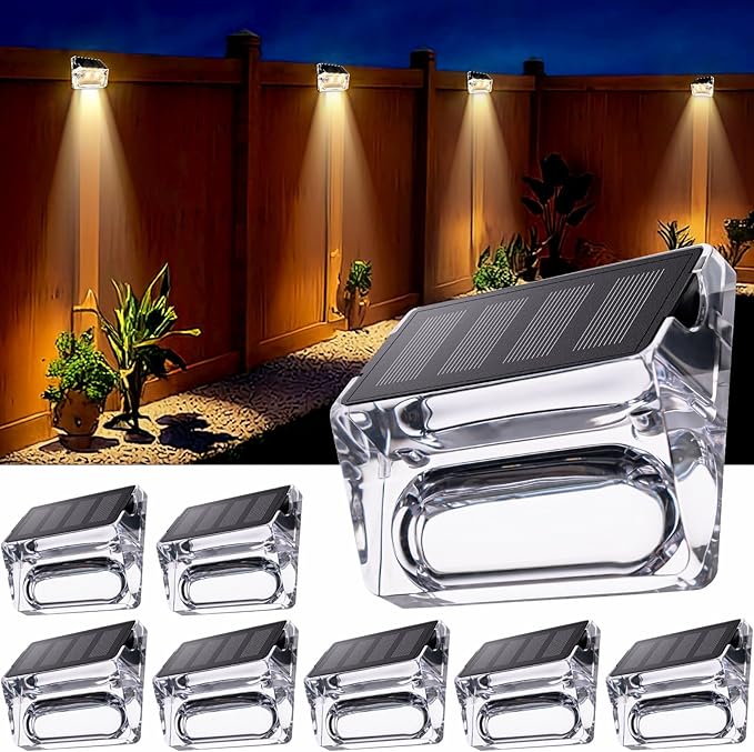 Solar Outdoor Lights 8 Pack, Solar Fence Deck Lights, Waterproof Powered Outside Lighting for Step Railing Wall Pool Stair Yard Garden Patio Decorations