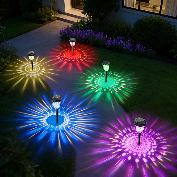 echosari 2 Pack Color Changing Solar Pathway Lights, Dynamic Pattern Multicolor & Warm White Solar Lights Outdoor Waterproof Garden Lights for Landscape Path Driveway Walkway Lawn