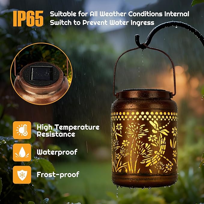 Dragonfly Solar Lanterns Outdoor Waterproof - Dragonfly Garden Decor Hanging Solar Lantern Metal Decorations for Patio Yard Lawn Porch Pathway, Unique Gifts for Women Mom Grandma