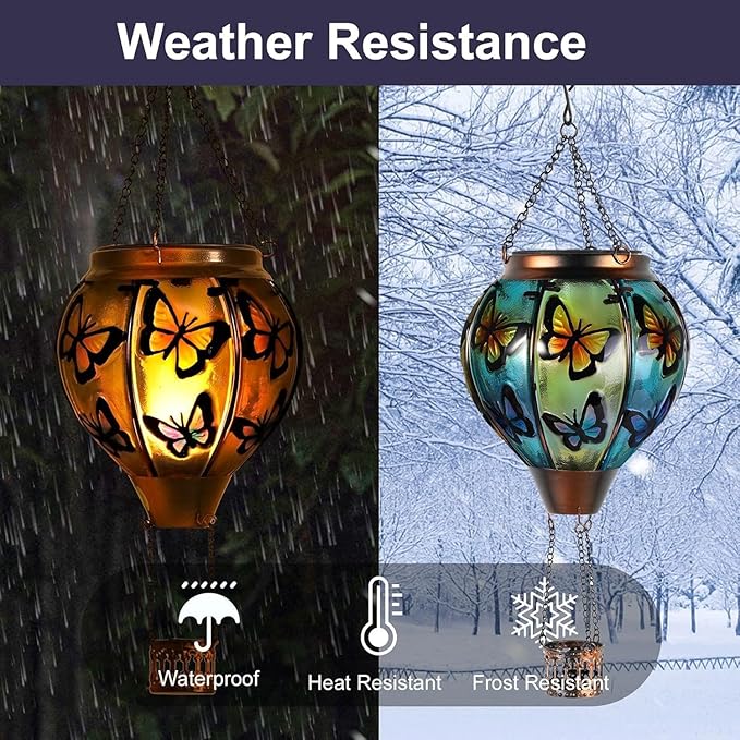 Larekook Butterfly Solar Hot Air Balloon Lantern with Flickering Flame,Glass Hot Air Balloon Solar Lanterns Outdoor Waterproof Hanging Light for Patio Porch Yard Garden Decor,Birthday Gifts for Women