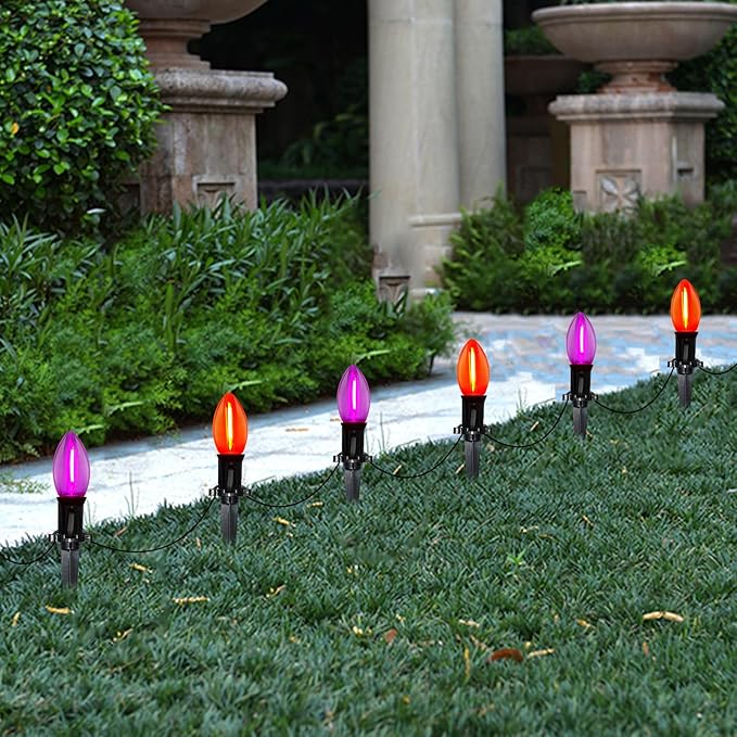 Halloween Pathway Lights Outdoor, 19.5Ft Orange Purple Halloween String Lights with 10 C9 LED Bulbs and Stakes, Connectable Outdoor Waterproof Marker Stake Lights for Halloweens Path Yard Lawn, Garden
