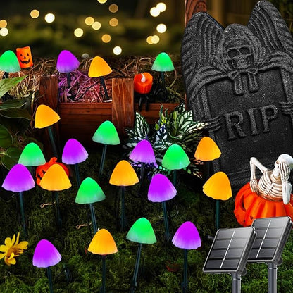 OZS 2PK 55FT 32LED Halloween Orange Purple and Green Solar Mushroom Lights Outdoor, Solar String Light with 8 Lighting Modes Auto On/Off, Halloween Garden Lights for Witch Decorations