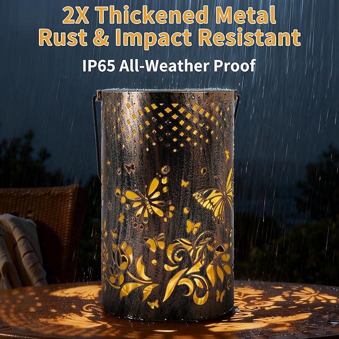 Outdoor Solar Garden Lights: Solar-Powered Yard Patio Hanging Decoration Lanterns with Handle, Outside Waterproof Decorative Lamps with Dynamic Dragonfly Pattern (Butterfly)