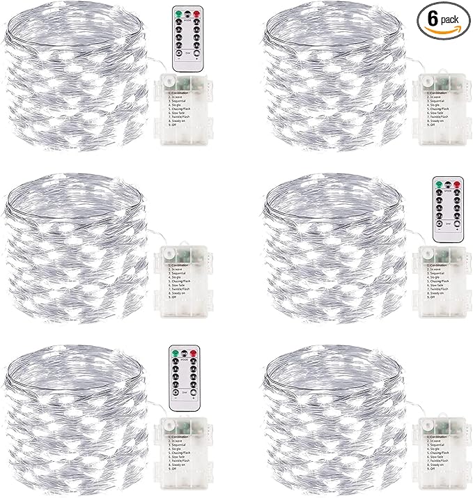6-Pack 100 LED Christmas Twinkle Lights, 33ft Waterproof for Yard