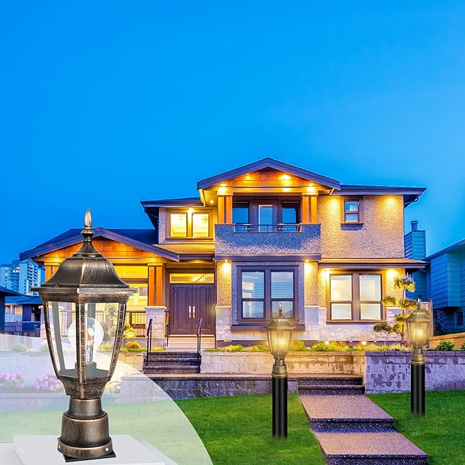 FUDESY Outdoor Post Lights, Electric Exterior Lamp Post Light Fixture with Pier Mount Base, LED Bulb Included, Anti Corrosion Plastic Materials, 2-Pack Pole Lanterns for Garden, Patio, Pathway