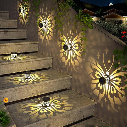 Solar Fence Lights 4 Pack Solar Deck Lamps Outdoor Decorations Powered Step Lights Wall Waterproof LED Warm Decorative Lighting for Garden (Butterfly-Star, 4)