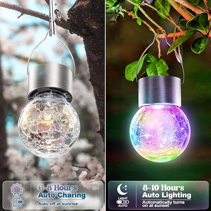 Solar Hanging Lanterns Outdoor: 12 Pack Cracked Glass Ball Lights with Hook - Waterproof Color Changing Globe Decorative Garden Tree Fence - Gardening Holiday Gifts for Women