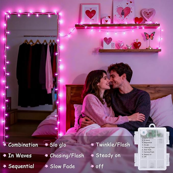 JMEXSUSS 33ft 100 LED Pink Battery Operated Lights with 8 Modes Remote, Pink String Lights Indoor Outdoor, Christmas String Light for Bedroom House Tree Party Porch Decor
