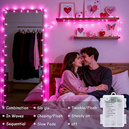 JMEXSUSS 33ft 100 LED Pink Battery Operated Lights with 8 Modes Remote, Pink String Lights Indoor Outdoor, Christmas String Light for Bedroom House Tree Party Porch Decor