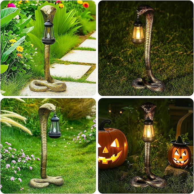 Solar Lantern Outdoor Snake Figurines 19.29‘’ for Garden Decoration,Yard Art Lawn Ornaments ,Porch Patio Balcony Home House - Housewarming Gifts for Birthday,Father's Day,Halloween (Large size-bronze)