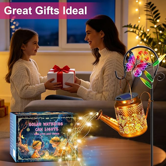 VOOKRY Solar Lights Outdoor Waterproof, Butterfly Retro Metal Solar Watering Can Lights, Birthday Gifts for Women Mom Grandma, Hanging Lantern Decorative Garden Decor for Outside Yard Lawn Patio