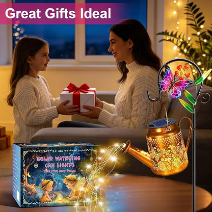 VOOKRY 2 Pack Butterfly Metal Solar Watering Can Lights, Solar Lights Outdoor Waterproof, Birthday Gifts for Women Mom Grandma, Hanging Lanterns Decorative Garden Decor for Outside Yard Patio Lawn
