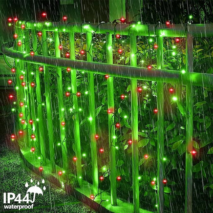 YEGUO Christmas Lights Battery Operated, 2 Pack Each 33ft 100 LED Red and Green String Lights Outdoor Waterproof, 8 Modes Green Wire Fairy Light Indoor with Remote