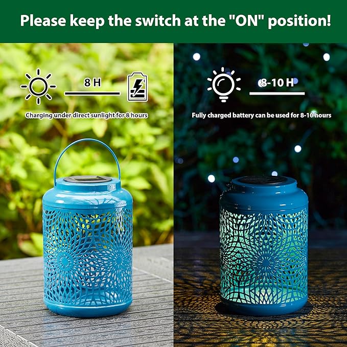 Glitzhome Solar Lantern Blue Metal Cutout Scrollwork Outdoor Hanging Solar Light with Handle for Garden Patio Yard Outdoor Decor