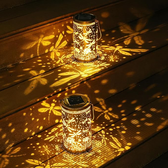 Fabuday Dragonfly Lotus Outdoor Solar Lantern Waterproof - Hanging Solar Power Lights Led for Outside, Garden Decor for Patio, Porch, Balcony, Yard and Deck, Gardening Decorations Gifts for Women Mom