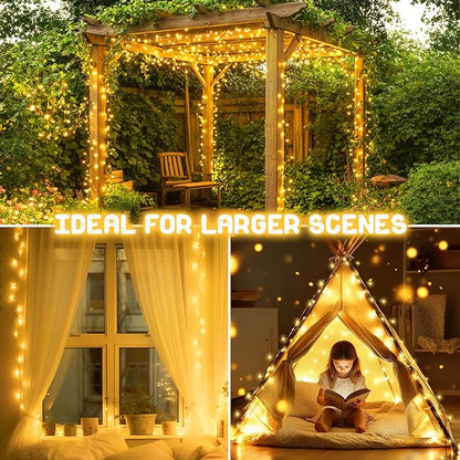 Christmas Lights Outdoor Battery Operated String Lights Total 100LED 33Ft with Timer 8 Modes 16.4Ft*2 Waterproof Outdoor Indoor for Christmas Decor, Warm White, 2-Pack