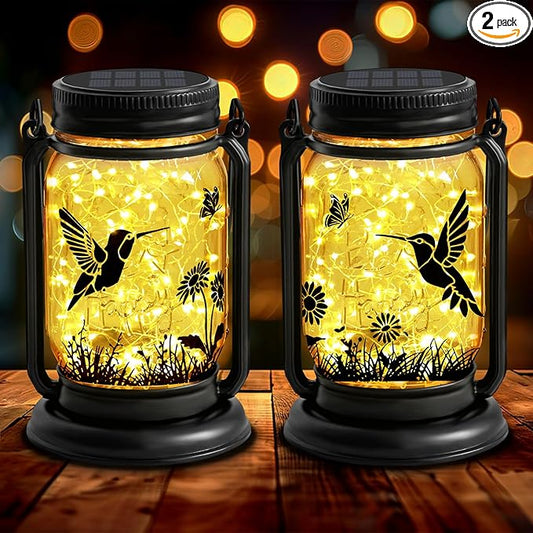 2 Pack Hummingbird Solar Outdoor Lanterns, Birthday Mothers Day Gifts for Women Mom Grandma, Vintage Glass Mason Jar Solar Fairy Lights, Waterproof Garden Lights for Patio Yard Lawn Tree
