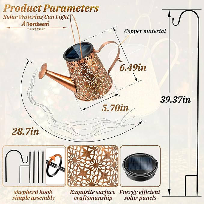 Anordsem Solar Watering Can Lights: Metal Flower Lantern Outdoor with Hook - Waterproof Garden Art Hanging Decoration for Yard Patio Lawn - Christmas Birthday Gifts for Women Mom Grandma