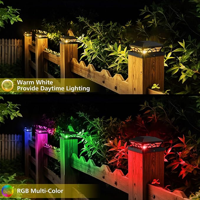 T-SUN Solar Post Cap Lights 6 Pack – Outdoor Waterproof RGB Color Changing Light for 3.5x3.5 4x4 5x5 5.5x5.5 Wood/Vinyl Fence Posts, Solar Deck Lights for Patio, Garden, Porch