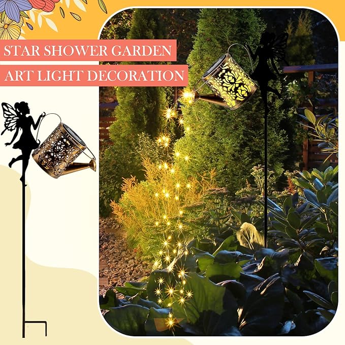 Honoson Solar Watering Can with Lights Solar Outdoor Garden Decor Fairy Water Can Hanging Lantern Landscape Sprinkle Waterproof Twinkle LED Decorative Gift for Women Yard Patio Pathway