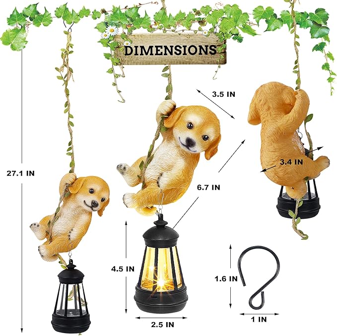 Solar Hanging Dog Statue, Outdoor Resin Golden Retriever Dog Figurine with LED Lights, Puppy Animal Ornament for Garden, Fence, Porch, Patio, Yard Decor, Dusk to Dawn Auto On/Off