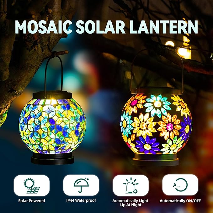 2-Pack Elegant Mosaic Solar Lanterns for Outdoor, Waterproof LED