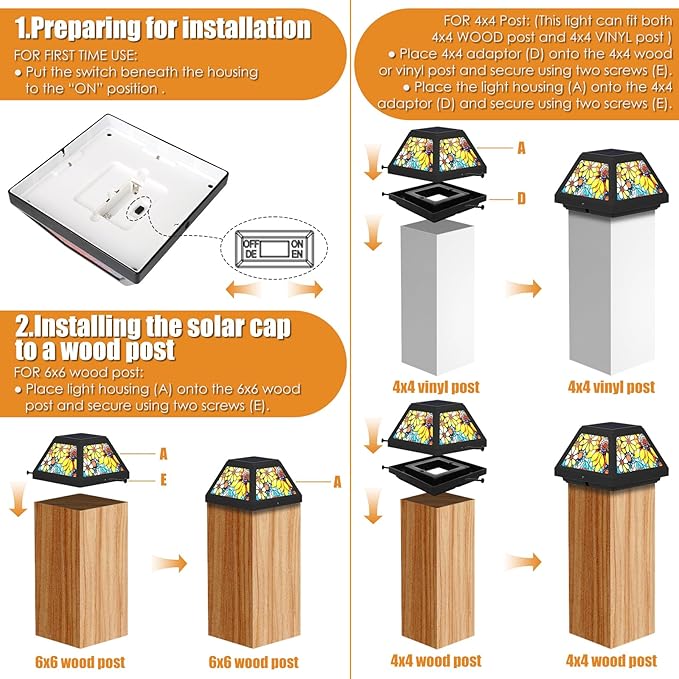 Solar Post Cap Lights - 4x4, 5x5, 6x6 Fence Post Solar Lights, Sunflower Lampshade, 15LM Bright LED, IP65 Waterproof Outdoor Post Lights for Garden, Yard, Deck, Warm White (Sunflower, 4)
