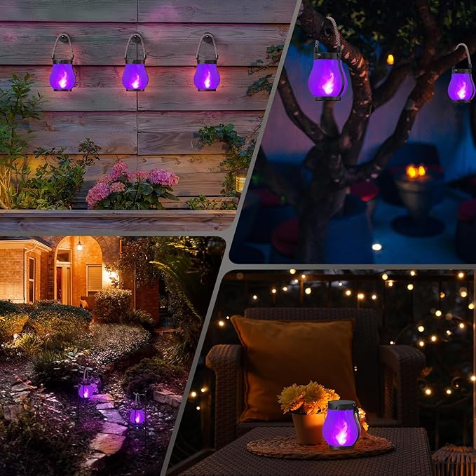 Hompavo Gen2 Solar Lanterns Outdoor with Ultra-Real Flame, Dual Charging (USB/Solar) & 2 Modes - Waterproof Decorative Hanging/Table Lights for Patio Garden Halloween Decorations, 2/Purple