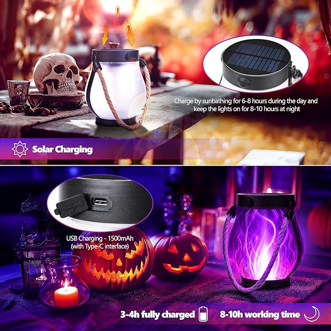 Solar Flame Lantern Hanging Outdoor Waterproof Purple - 2 Pack Flame Lanterns with Dual Charging Modes of Solar & USB for Garden or Yard Decorations (Purple - 2 Pack)