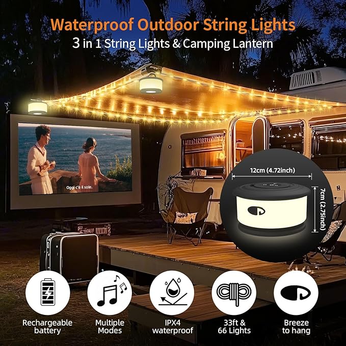 2-Pack Camping String Lights, 3 in 1 Upgraded Retractable RGB Outdoor String Lights with 19 Lighting Modes, Quick 30s Recovery, 32.8 FT Portable Tent Light, Rechargeable Camping Lantern (Black)