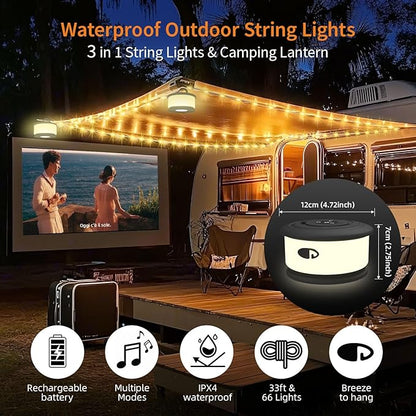 2-Pack Camping String Lights, 3 in 1 Upgraded Retractable RGB Outdoor String Lights with 19 Lighting Modes, Quick 30s Recovery, 32.8 FT Portable Tent Light, Rechargeable Camping Lantern (Black)
