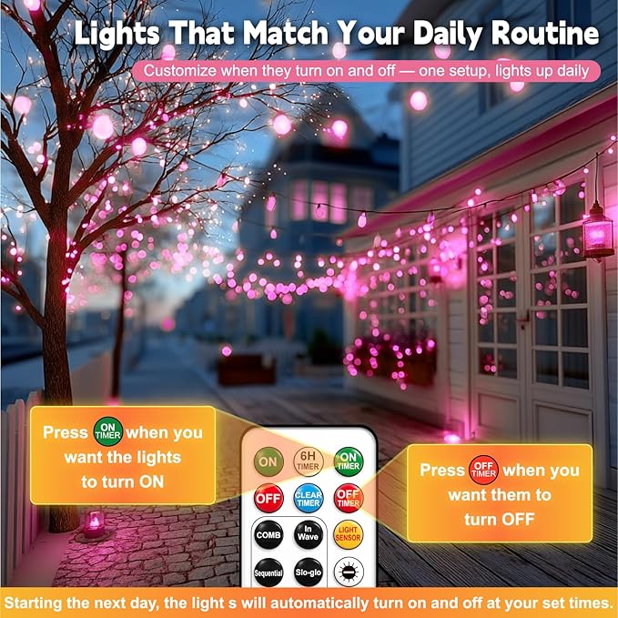 HXWEIYE Rechargeable Fairy Lights with Remote, 2 Pack 33ft 100LED Twinkle Lights with DIY Timer & Light Sensor, Waterproof Outdoor String Lights for Bedroom Patio Christmas Tree Decor, Pink