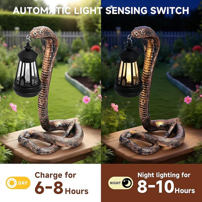 Solar Lantern Outdoor Snake Statues Garden Decoration, Yard Art Lawn Decor for Porch, Patio, Balcony, Housewarming Gifts for Birthday, Father's Day, Halloween (Brass Color)