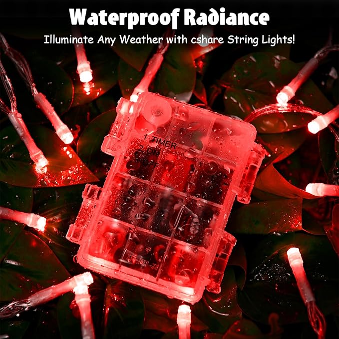 String Lights Outdoor Waterproof 9.8ft 30 LED, Red Fairy Lights Battery Operated with Timer Clear Wire for Indoor & Outdoor Christmas Vanlentines Decorations Garland Party Garden 2 Packs