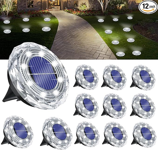 Solar Ground Light Outdoor 12 Pack Mini Solar Grounf Lights Waterproof Landscape Lighting Solar Powered Pathway Lights LED Disk Light for Patio Lawn Driveway Yard Decor, Cool White