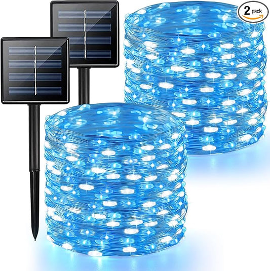 2 Pack Blue and White Solar String Lights Outdoor, 80FT 200 LED Waterproof Silver Wire Fairy Light, 8 Modes Solar Twinkle Light for Christmas Wedding New Year Independence Day Patio Fence Tree Decor