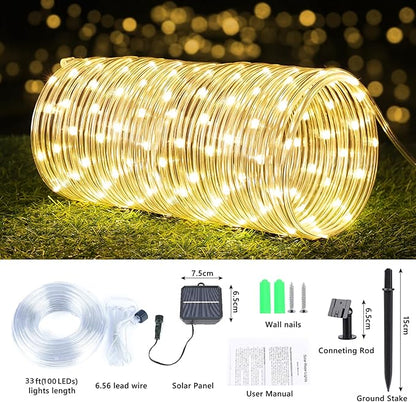 Solar Rope Lights, 2 Pack Total 66ft 200LED Solar String Lights, 8 Modes Waterproof Solar Powered Outdoor Light, Flexible Clear Tube Light for Garden Yard Patio Deck Porch Pool Tree Decor - Warm White