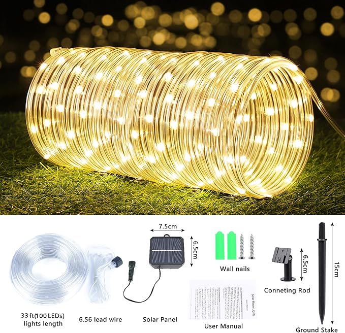 Solar Rope Lights Outdoor, 33ft 100 LED 8-Mode Waterproof String Tube Light for Garden & Patio, Warm White